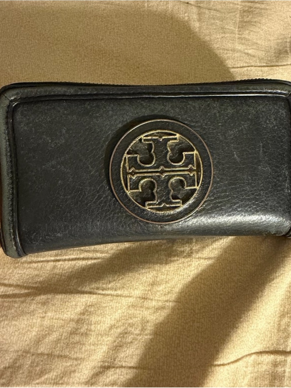 Tory Burch Black Leather Zip-Around Card Wallet with Gold Hardware